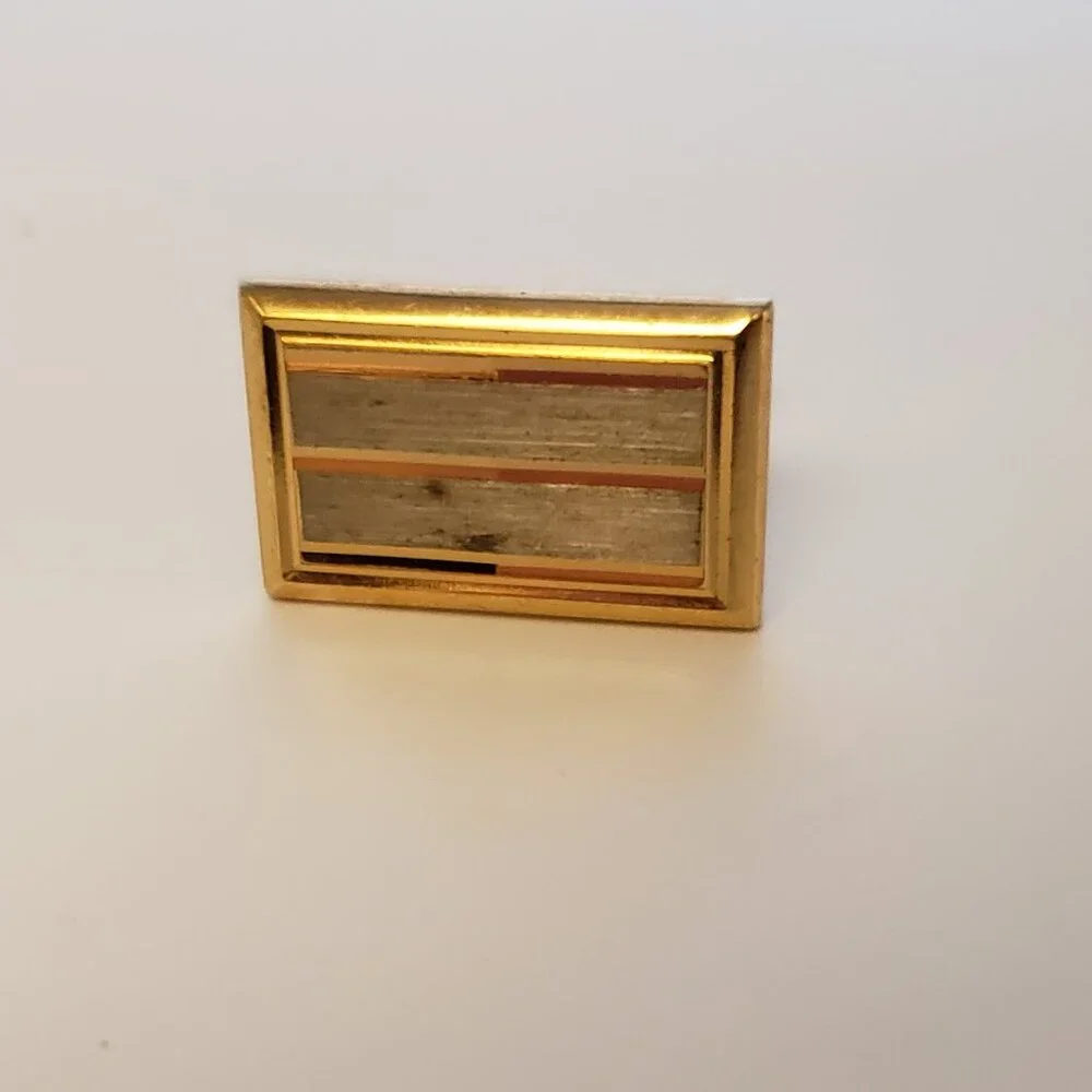 Vintage Two Tone Metal Cufflinks Goldtone Silvertone Brushed Striped Rectangular